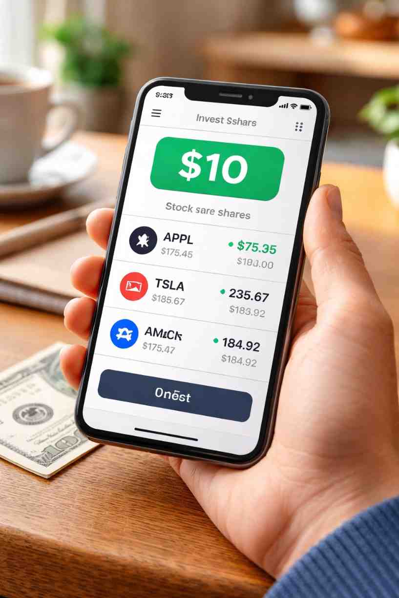A beginner investing $10 into stocks using fractional shares on a mobile app