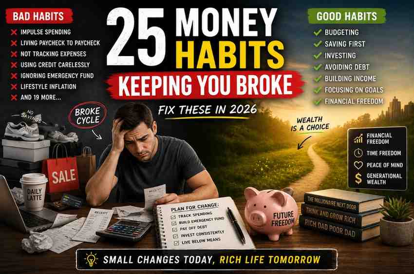 Person breaking bad money habits with piggy bank and calculator showing path to wealth