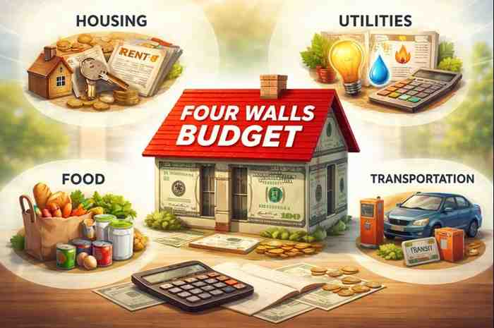Four walls budgeting method explained with housing, utilities, food, and transportation