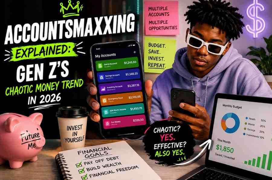 Gen Z person managing multiple financial accounts on smartphone with piggy bank and budget charts