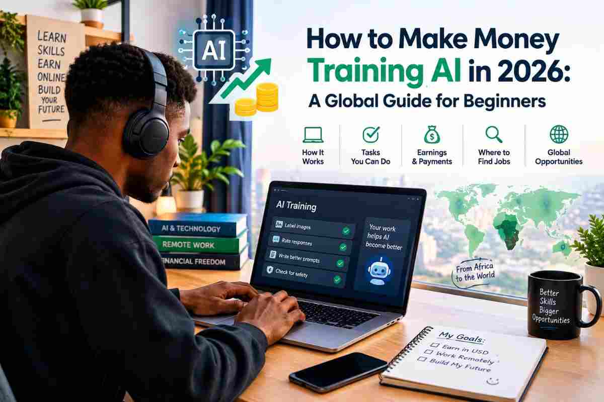 Person working remotely on AI training tasks with a laptop