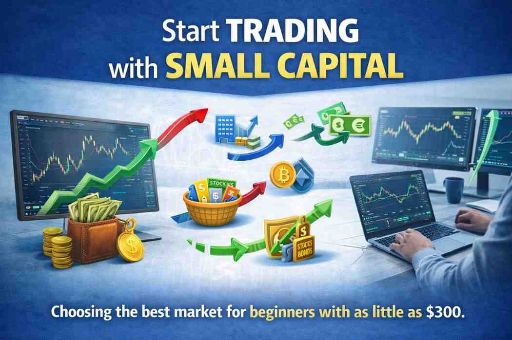 A beginner trader analyzing different markets like stocks, crypto, and forex on a laptop with a small account balance