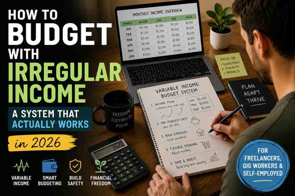Freelancer managing monthly budget with variable income using planner and calculator