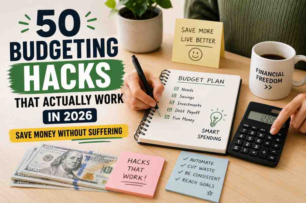 Person with notebook and calculator creating a budget plan with money-saving hacks