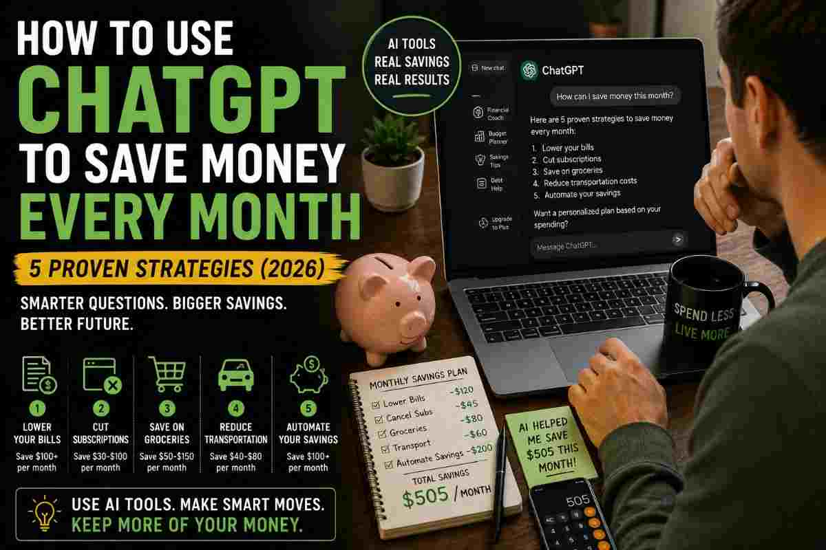 Person using ChatGPT on laptop to save money with piggy bank and budget charts