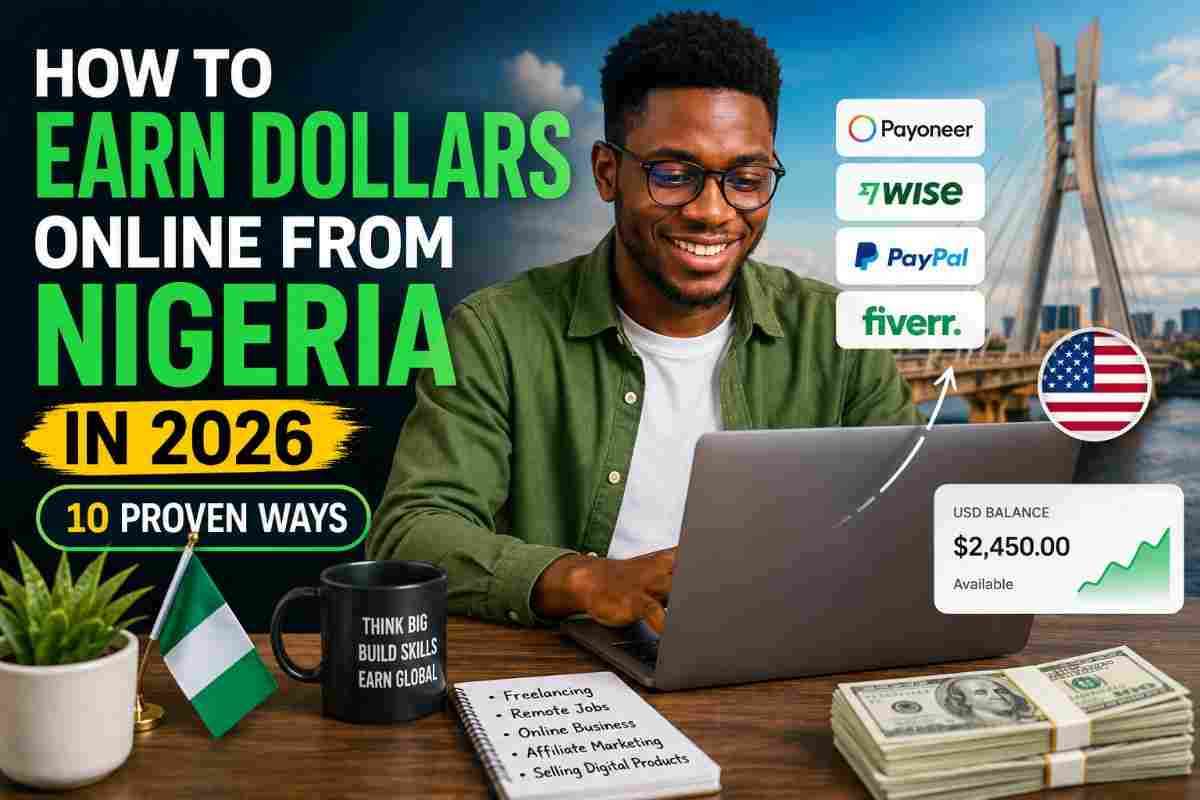 Nigerian professional earning dollars online from laptop with multiple payment platforms and currency exchange