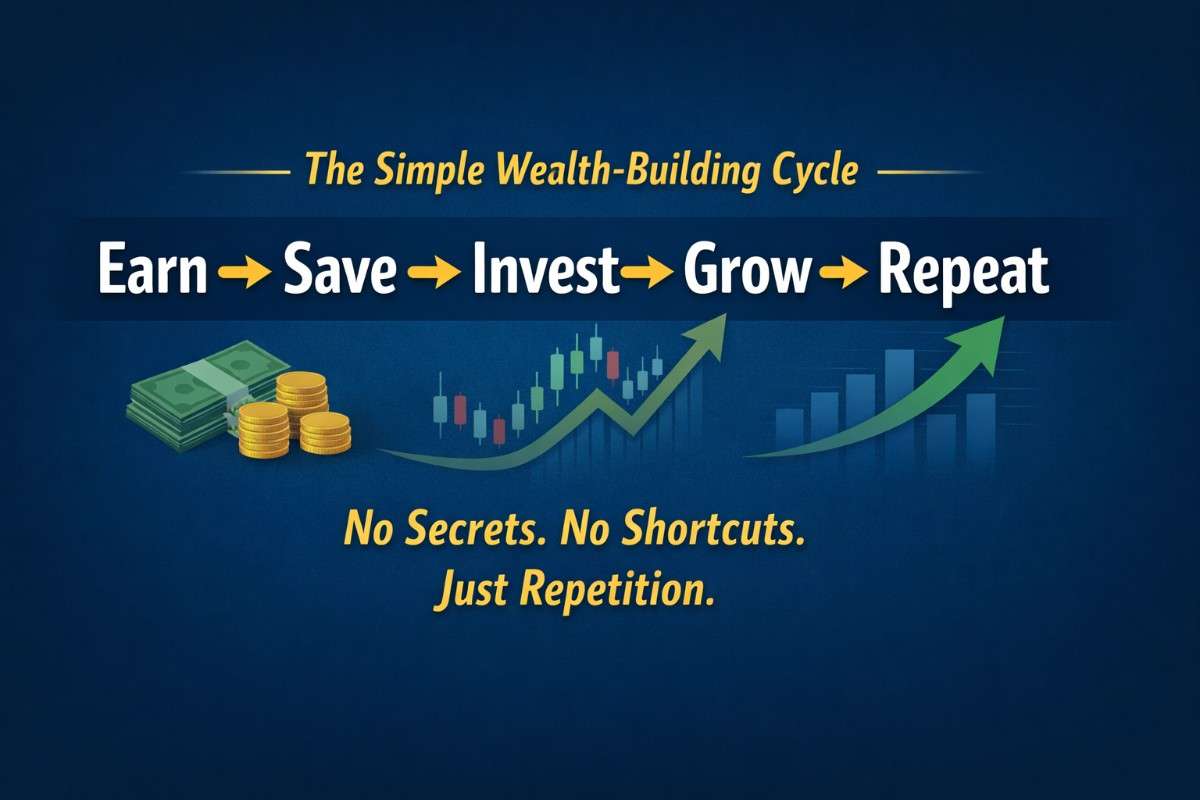 Wealth building loop: earn, save, invest, grow, repeat