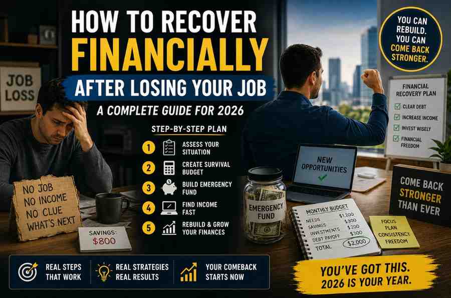 Person recovering financially after job loss with emergency fund, budget, and new job opportunities