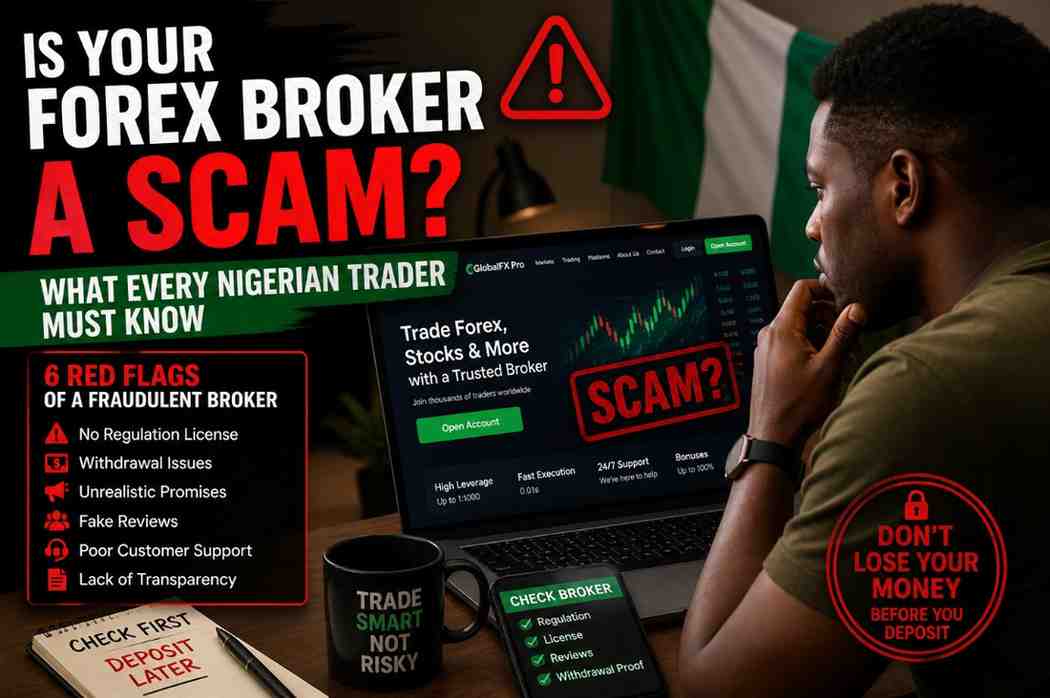 Nigerian trader checking a forex broker platform on a laptop before depositing money in 2026