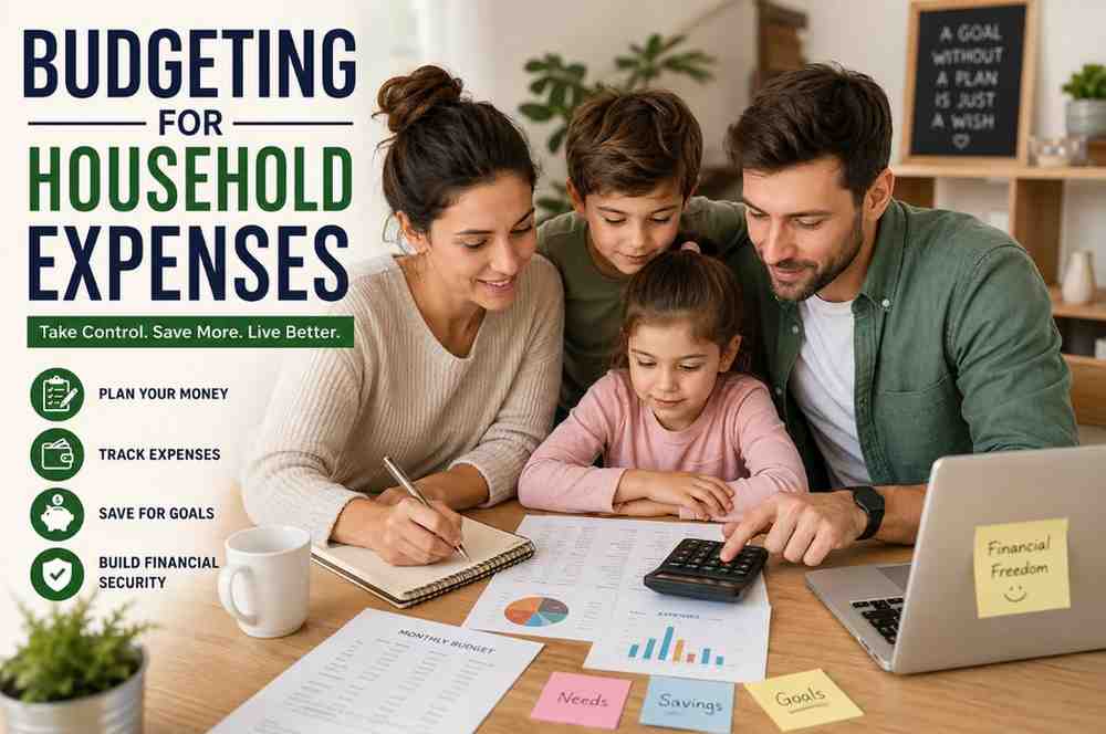 Family reviewing household budget and monthly expenses with a calculator and planner