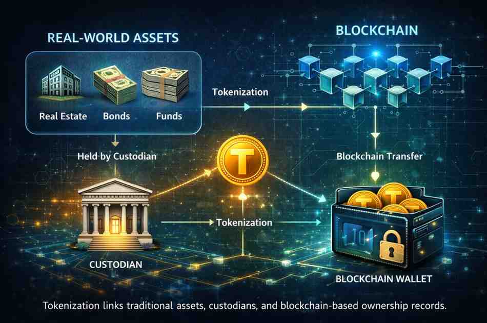 Diagram showing how real world assets are tokenized on blockchain