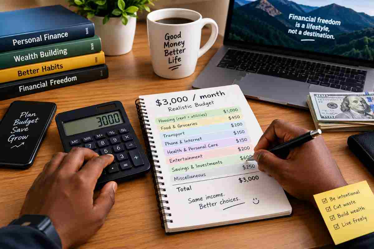 Person creating a budget for living on $3,000 a month with calculator and planner