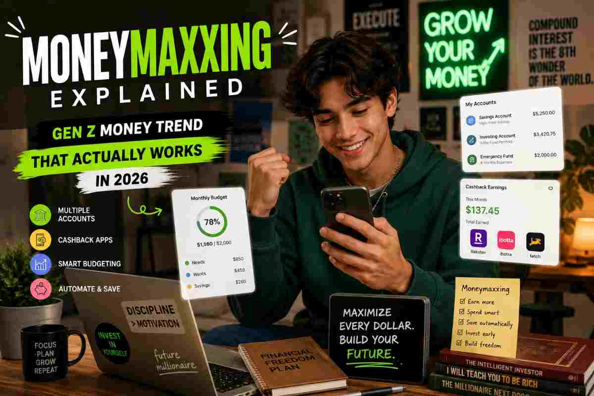 Young person using smartphone to track savings, cashback apps, and budget planning for moneymaxxing strategy