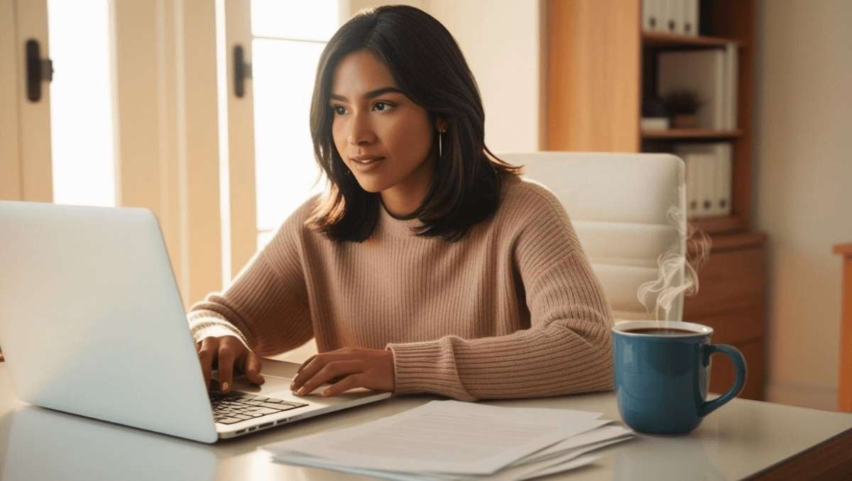 College student earning money on laptop with empty wallet nearby
