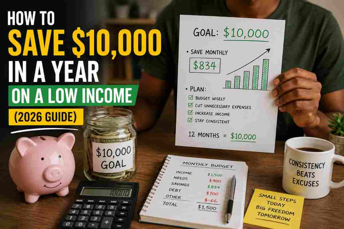 Person holding savings goal chart with calculator and piggy bank showing how to save 10000 in a year on a low income
