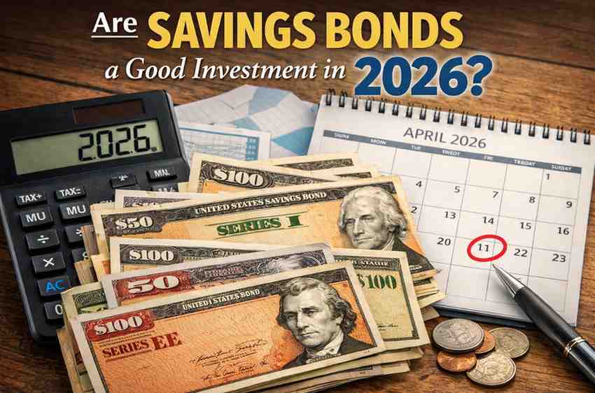 Stack of U.S. savings bonds with a calculator and calendar