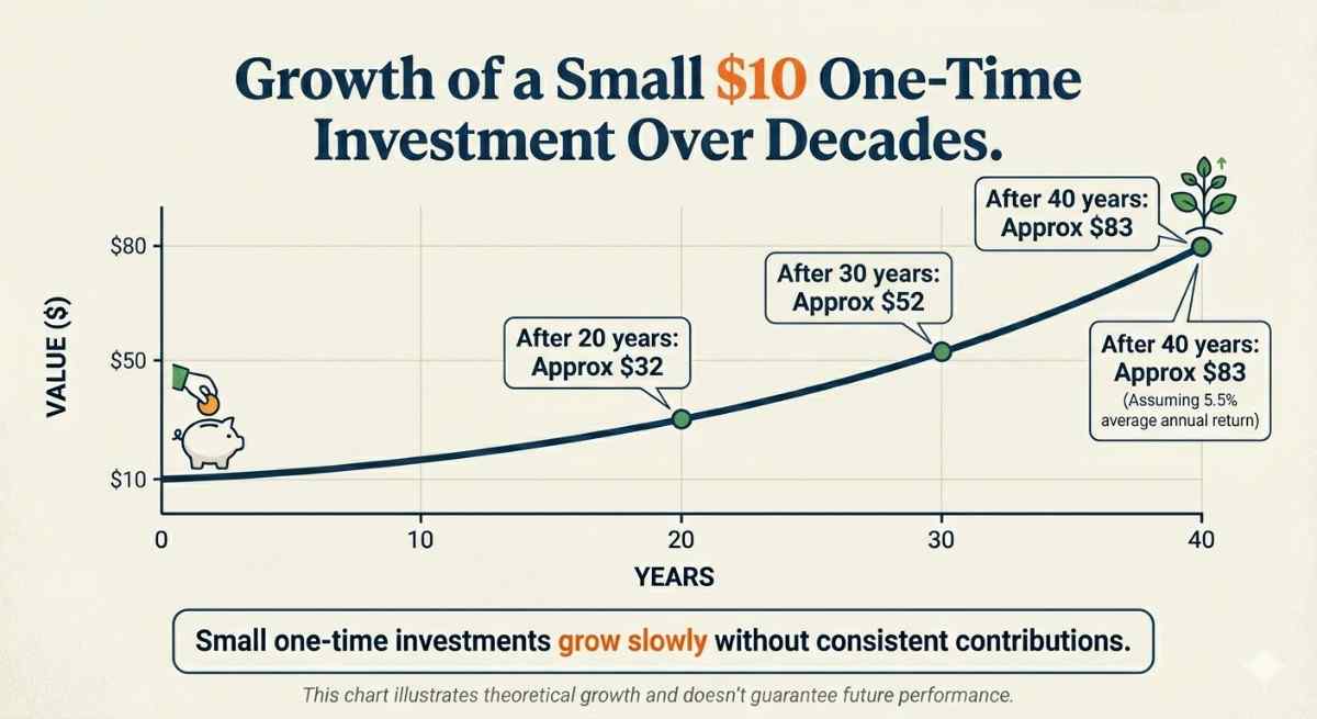Chart showing slow growth of small investments over decades