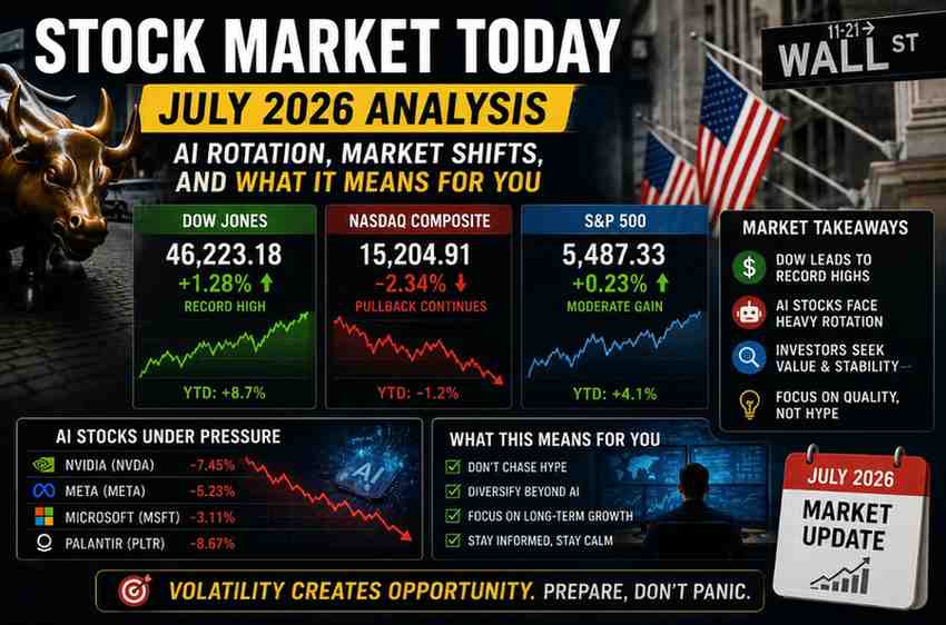 Stock market chart showing Dow at record high, Nasdaq declining, S&P 500 flat the great rotation in action