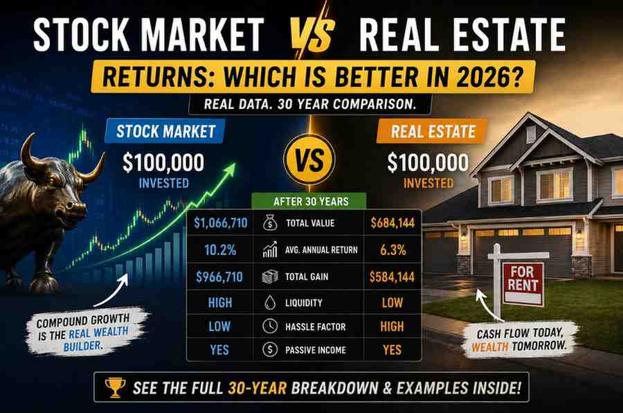 Comparison chart showing stock market vs real estate returns over 30 years with dollar amounts