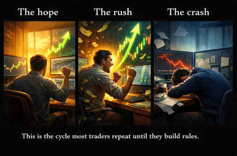 Trader experiencing the emotional cycle of wins, losses, and revenge trading