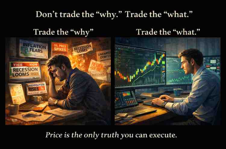 Illustration showing trading headlines versus trading price action on a clean chart
