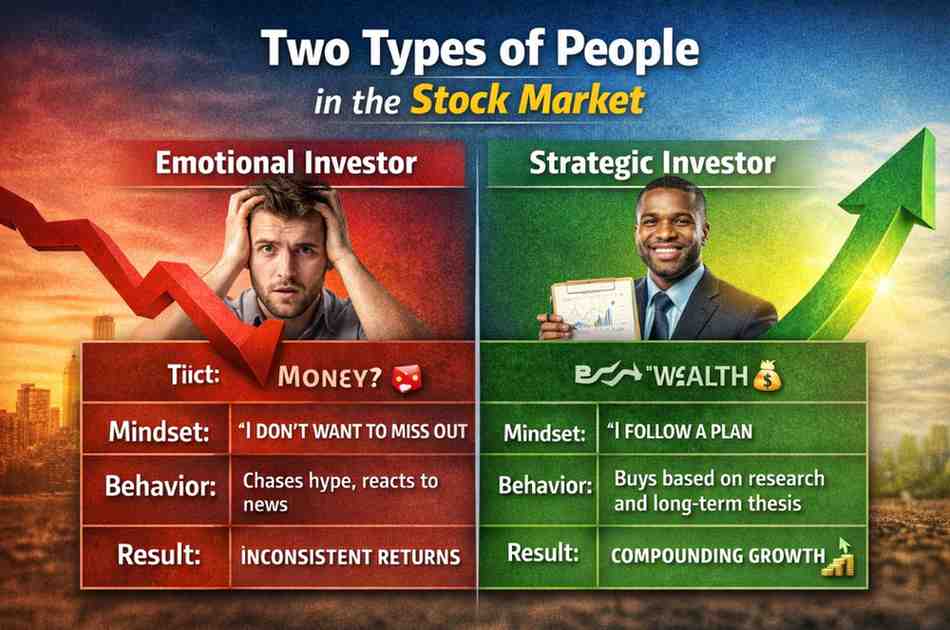 Comparison graphic showing an emotional investor versus a strategic investor in the stock market, highlighting mindset, behavior, and results.