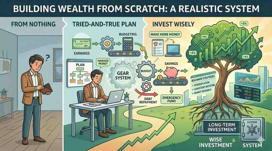 Person building wealth from scratch with a system