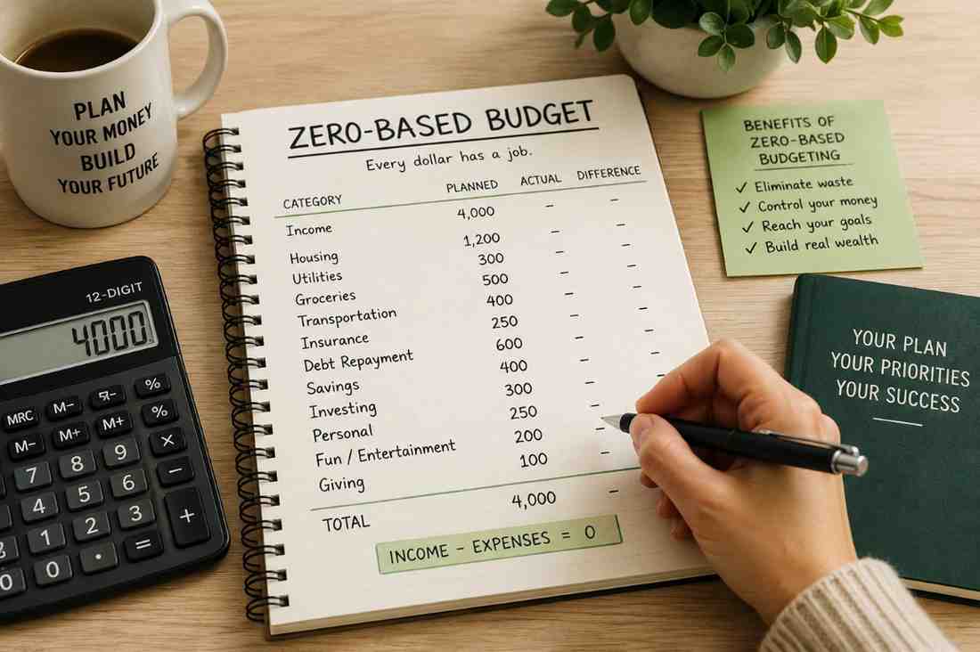 Person planning a zero-based budget on paper with a calculator and pen